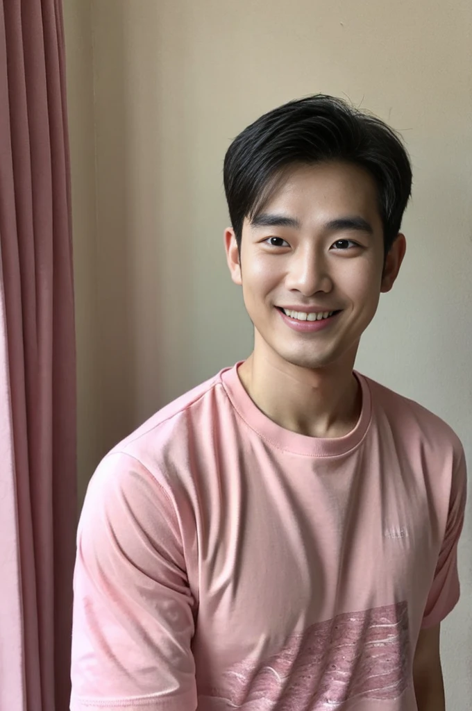 Korean man, Inspiration from Peng Yuyan, 30 years old, 236 years old, Cute Korean Face, 35 yo, 33 year old Korean muscular man,The bedroom is at the back. pink t-shirt, open mouth smile