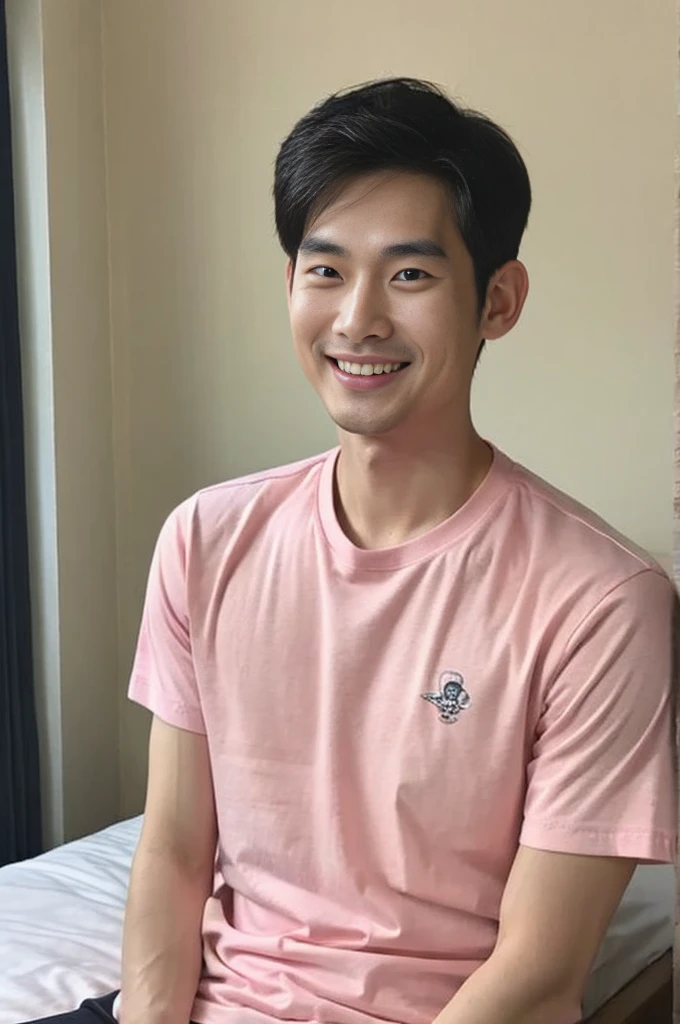 Korean man, Inspiration from Peng Yuyan, 30 years old, 236 years old, Cute Korean Face, 35 yo, 33 year old Korean muscular man,The bedroom is at the back. pink t-shirt, open mouth smile