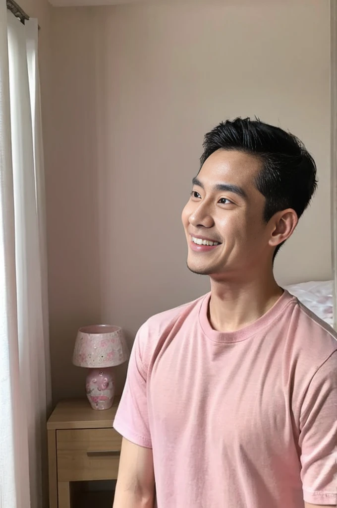 Korean man, Inspiration from Peng Yuyan, 30 years old, 236 years old, Cute Korean Face, 35 yo, 33 year old Korean muscular man，The bedroom is at the back. pink t-shirt, open mouth smile