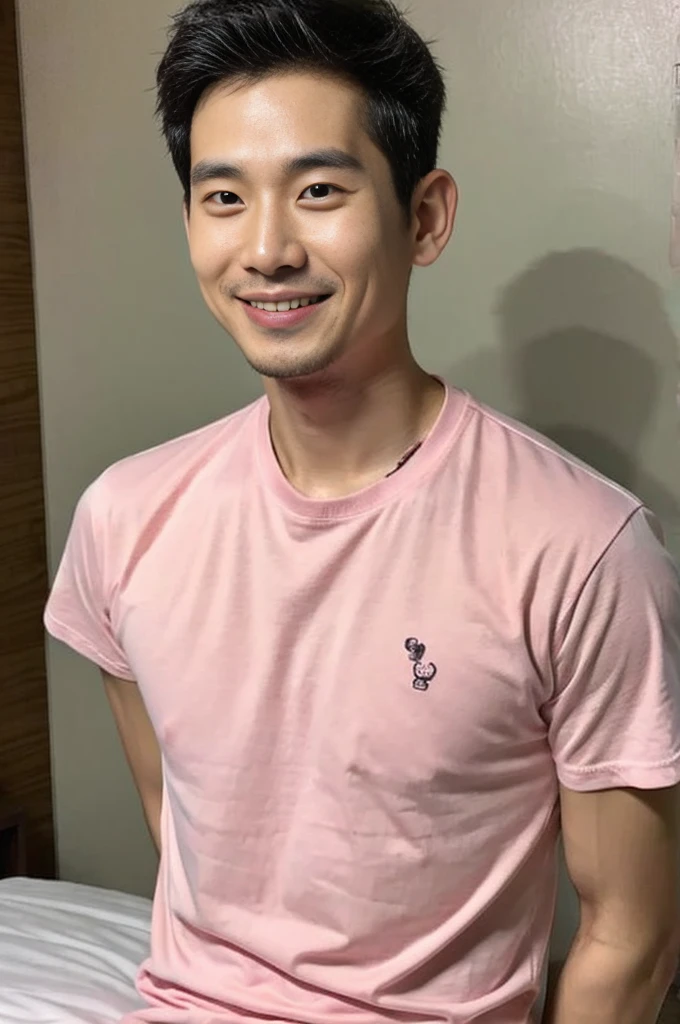 Korean man, Inspiration from Peng Yuyan, 30 years old, 236 years old, Cute Korean Face, 35 yo, 33 year old Korean muscular man,The bedroom is at the back. pink t-shirt, open mouth smile