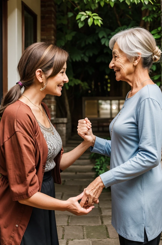 The young woman and elderly lady facing each other, with the elderly lady gesturing as if offering something in return