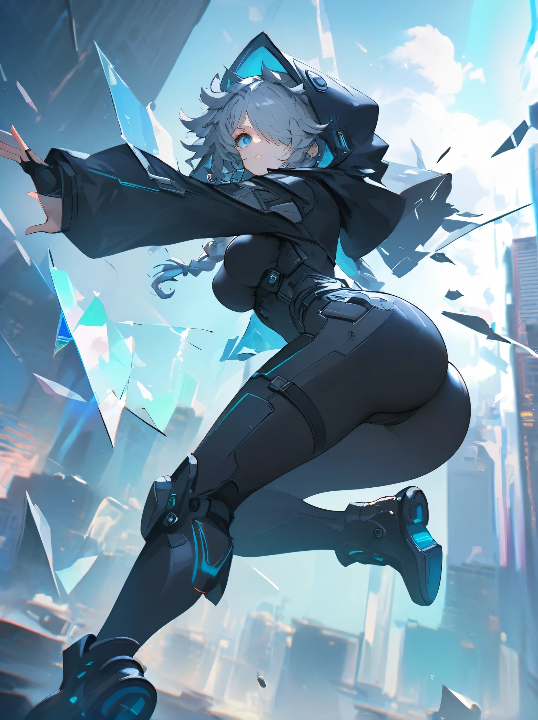 Masterpiece,Impasto,Niji journey,Niji,Dynamic angle,Looking at viewer,From front,Full body,Prism style,Broken glass effect,1girl,Solo,Hood up,Big hood,Black hooded coat,Black bodysuit,Black shirt,Black leggings,Mechanical boots,Mechanical weapons,Blue eyes,Gauze on face,Long sideburns,Medium hair,Big braided,Curly hair,Gray hair,Hair over one eye,Beautiful breasts,Beautiful ass,Broken glass background,Cyberpunk background,City,Light blue theme,Backlight,Blue Sky,Cloud