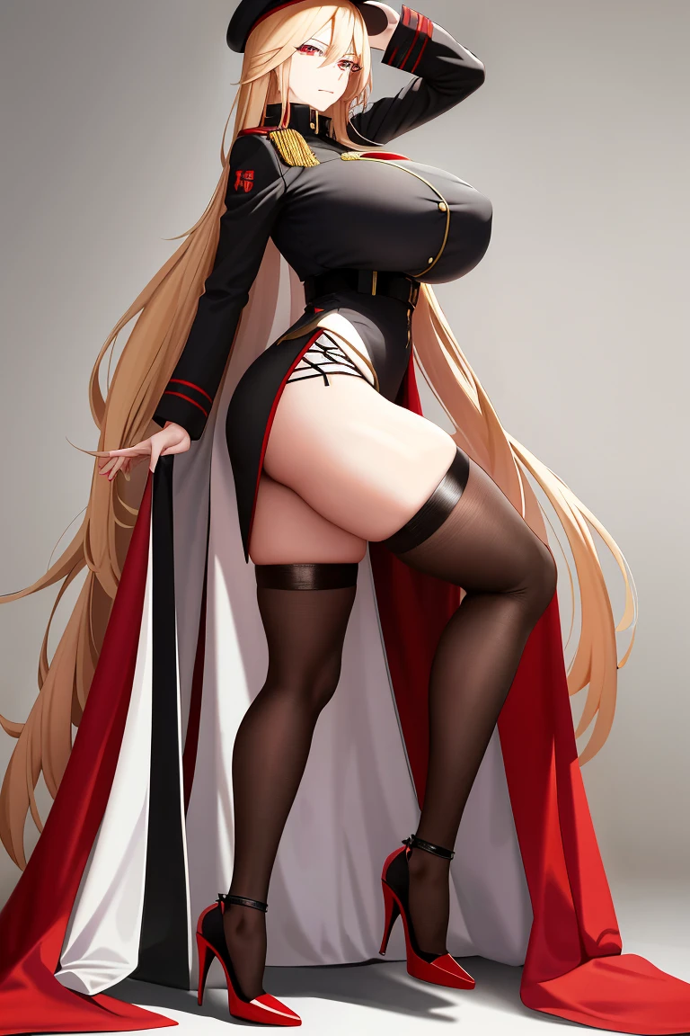 A woman,Long blond hair,Red eyes,Wear a black military cap,Wearing a black bikini,Long legs,Nipple protrusion,Twenties,exposed,Black high heels,Huge breasts,超级Huge breasts,Standing