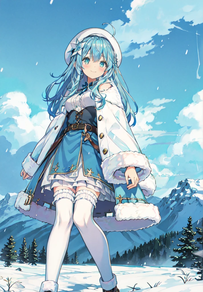  1girl,Floral hair ornament,White beret, heart ahoge, snow field,smile, castle, in the rain, starry detailed water, beautiful detailed starry sky, in the style of  scenery, night, town,