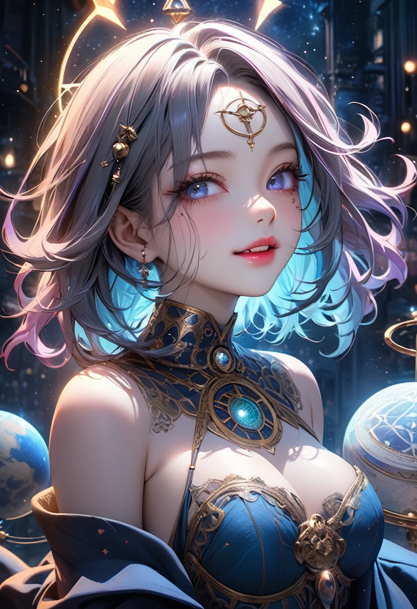 a mystical astrological girl, starry night sky, occult symbols, magical astrology, astrologer, dark moody lighting, intricate celestial patterns, astronomical occult divination, mystical astrology, planetary alignment, zodiac signs, horoscope, tarot, esoteric rituals, mysterious atmosphere, neon-lit urban background, dark tones, dramatic lighting, detailed rendering, cinematic composition, fantasy, hyperrealistic, vibrant colors, atmospheric, moody, dramatic, beautiful detailed eyes, beautiful detailed lips, extremely detailed facial features, long eyelashes, porcelain skin, cute expression, mischievous smile, ripped clothes, torn clothing, idol aesthetic, pastel colors, soft lighting, (highest quality,16k,highres,masterpiece:1.2),ultra-detailed,(ultra-realistic,photo-realistic:1.37)