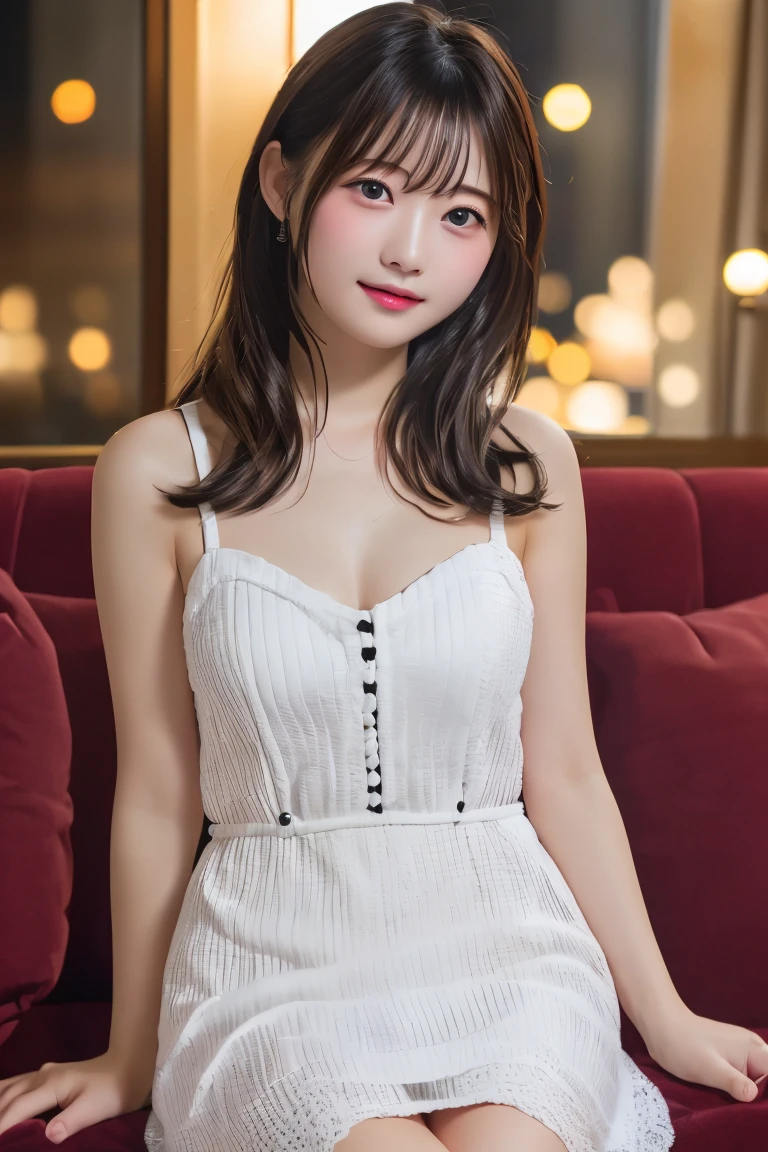 Highest quality, (beautiful)、Cabaret Club、dress、Sit on the sofa、Close-up、Soft 、Holding a in your hand