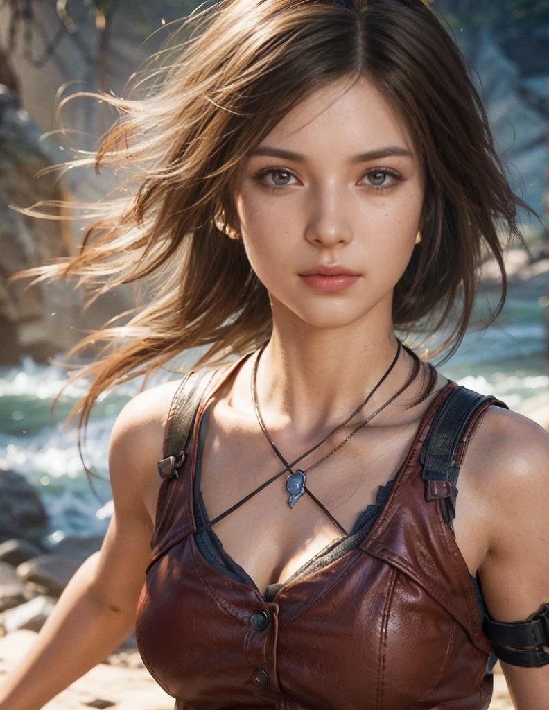 Lara Croft, brown eyes, (best quality, ultra-detailed), (realistic:1.37), beautiful and detailed face, ultra-realistic texture, delicate face, delicate body, red lipstick, bright colors. high definition, 8K, 