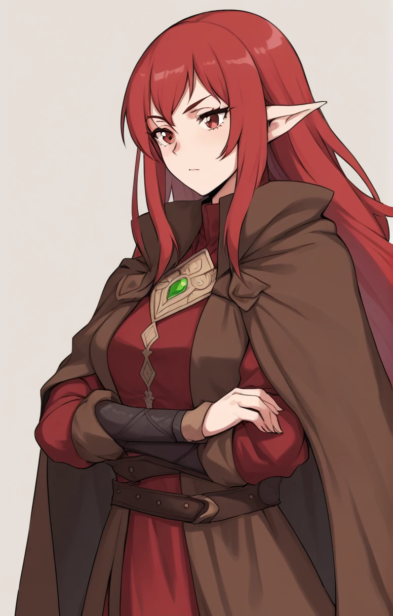 half elf, mature woman, dnd, adventurer, brown cloak, elegant, long red hair, flat chest