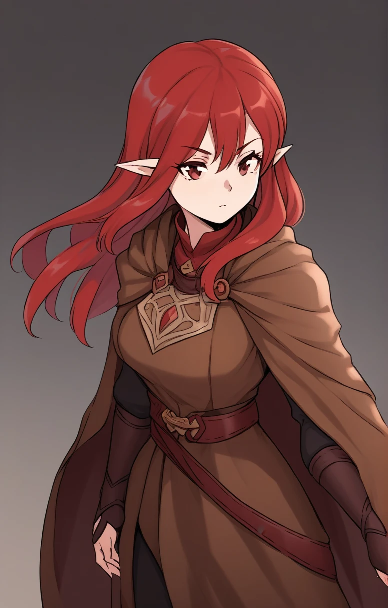 half elf, mature woman, dnd, adventurer, brown cloak, elegant, long red hair, flat chest