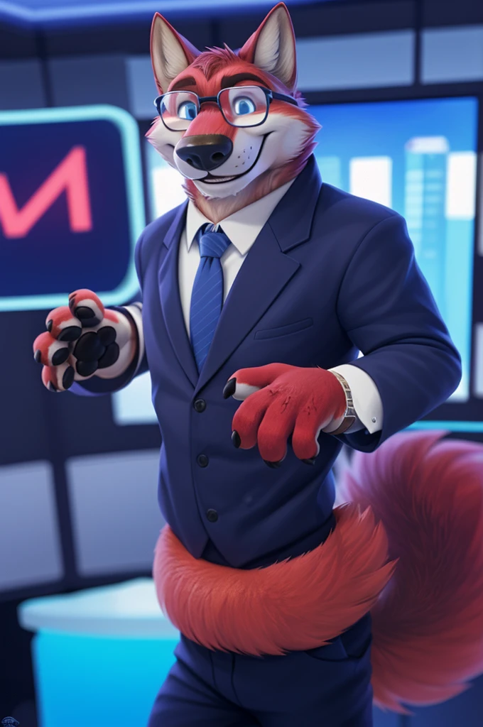 Ivan Fedorovich Wolfbach (Novosibirsk) ,tall handsome, wolf,young, 24 years, brown fur,Kind,(red body:1.3),beautiful blue eyes,Novosibirsk,dressed, Blue jacket, black glasses, shirt, Yellow tie, blue pants, wolf, detailed fur, male,paw pads, finger claws,At the viewer, 5 fingers, paws, 5 fingers, smile, wrist watch, т nextel,by xenoforge, (difficult, high detail, digital photography, soft focus, RAW variety близко к камере, variety,Novosibirsk, smile, good mood, positive, Very close to the camera,presenter Moscow,
Photorealism, realistic, digital style, Subsurface scattering,looks at the squares, News studio,
masterpiece, Best quality, ultra realistic, 8 thousand.)