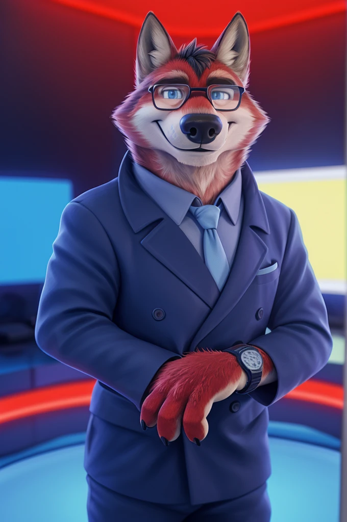Ivan Fedorovich Wolfbach (Novosibirsk) ,tall handsome, wolf,young, 24 years, brown fur,Kind,(red body:1.3),beautiful blue eyes,Novosibirsk,dressed, Blue jacket,  black glasses, shirt, Yellow tie, blue pants, wolf, detailed fur, male,paw pads, finger claws,At the viewer, 5 fingers, paws, 5 fingers, smile, wrist watch, т nextel,by xenoforge, (difficult, high detail, digital photography, soft focus, RAW variety близко к камере, variety,Novosibirsk, smile, good mood, positive, Very close to the camera,presenter Moscow, 
Photorealism, realistic, digital style, Subsurface scattering,looks at the squares, News studio, 
masterpiece, Best quality, ultra realistic, 8 thousand.)