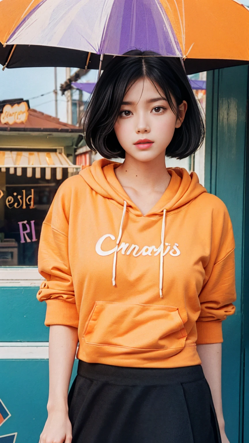 35mm Vintage photo of long shot portrait of cute 23 yo girl ,(perfect natural breast),wear ((orange color oversized hoodie)), wear ((purple tennis skirt)),looking viewer,Best Quality,Masterpiece,Ultra High Resolution,(Realisticity:1.4),Original Photo, 1Girl, light leak,ultra high resolution,UHD,beautiful, (black bob hair), almond eye, no makeup, in front of (((A retro ice cream shop ))), (realistic:1.2), (surreal:1.3), (very detailed:1.1), ((masterpiece)),film camera, 800mm lens,style of ,beautiful face, (realistic face), (black hair, short hair:1.3), analog film photo, Kodachrome