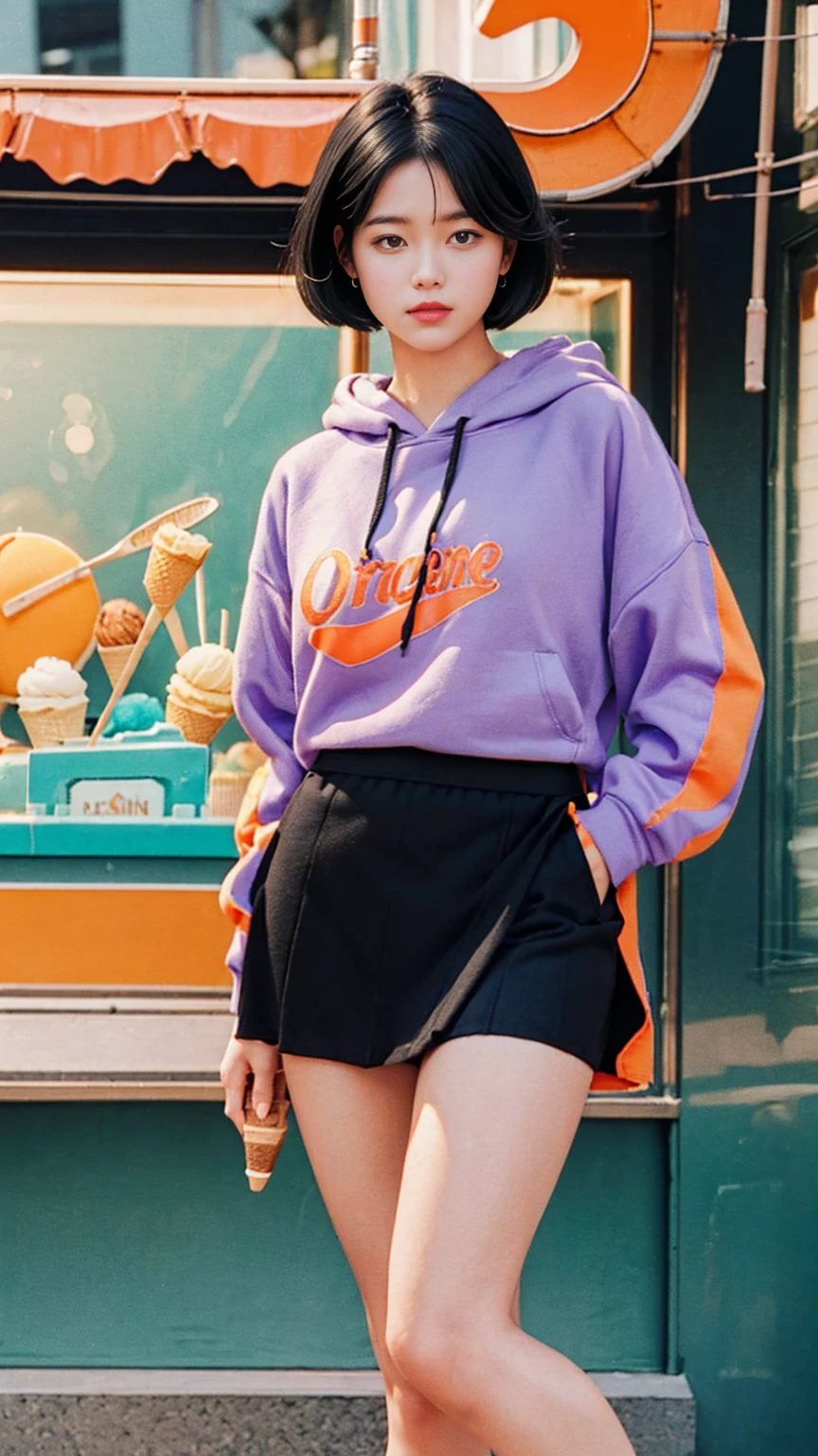 35mm Vintage photo of long shot portrait of cute 23 yo girl ,(perfect natural breast),wear ((orange color oversized hoodie)), wear ((purple tennis skirt)),looking viewer,Best Quality,Masterpiece,Ultra High Resolution,(Realisticity:1.4),Original Photo, 1Girl, light leak,ultra high resolution,UHD,beautiful, (black bob hair), almond eye, no makeup, in front of (((A retro ice cream shop ))), (realistic:1.2), (surreal:1.3), (very detailed:1.1), ((masterpiece)),film camera, 800mm lens,style of ,beautiful face, (realistic face), (black hair, short hair:1.3), analog film photo, Kodachrome