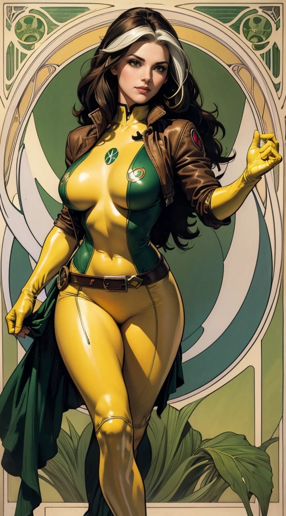 (masterpiece:1.0), (best_quality:1.2), Classic Rogue, 1991 Rogue X-Men, 1 girl, Only 1, full body view, medium length hair, brown hair, wavy hair, messy hair, one lock of white hair, green eyes, mischievous look, smirking, fit figure, curvy figure, medium breasts, lipstick, makeup, jacket, green headband, belt, yellow gloves, skin tight bodysuit, open jacket, light source from above, (realism: 1.5), (Realistic: 1.4), (Absurdity:1.4), 8k, ultra-detailed, Detailed Beautiful Woman, (Art Nouveau style), influence by John William Waterhouse and Alphons Mucha, circles, banners, background colors: green, gold, yellow, white, beige