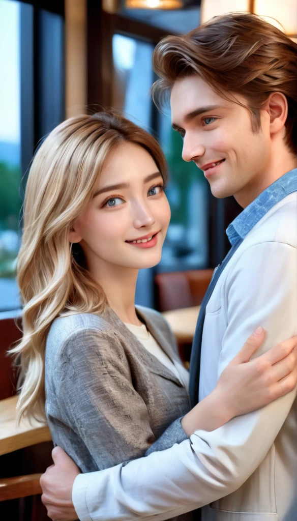 A handsome English young man with golden hair, dressed in casual white and grey clothes, with a soft handsome smile, blue eyes, and white milky skin, embracing a girl with wavy dark brown hair at a restaurant, being fond to each other, ultra detailed, 8k, highly detailed, realistic, hdr, natural volumetric illumination, sunlight, masterpiece, award winning, professional fashion photography, beautiful detailed intricate insanely detailed octane render, trending on artstation, perfect fashion composition