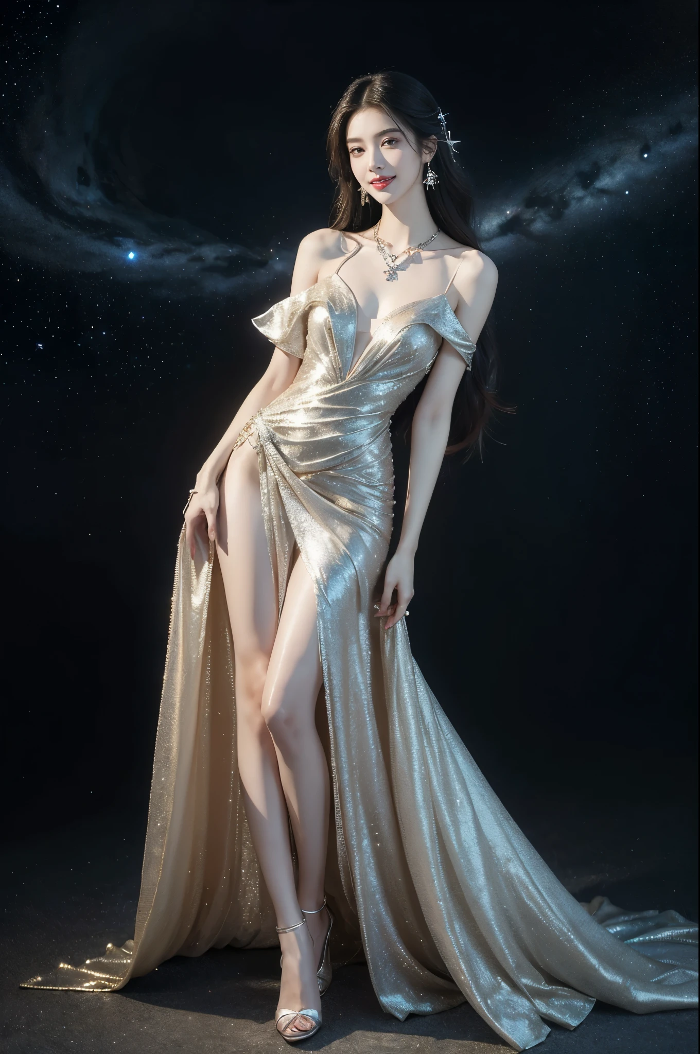 (((best quality))),(((ultra detailed))),(((masterpiece))),illustration,((A beautiful female astrologer,solo)),((slim,thin)),((small breasts,flat chest)),((shoulder length straight hair)),(laughing:1.2),(earrings,necklace),(sparkled sheer dress:1.3),(slender legs),standing beneath a magical summer night, stars twinkling in the velvety darkness,starry sky, sapphire eyes filled with wonder, flowing ethereal gown mimicking the stars, silver pendant shaped like a horoscope,serene smile and captivating gaze, celestial beauty and mystery, solace and inspiration in the vast expanse of the universe,((from front,full body))