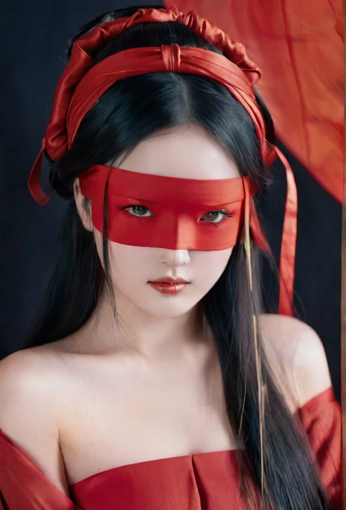 A beautiful woman dressed in red, blindfolded, with long hair draped over her shoulders and a ribbon wrapped around her forehead, is depicted in the style of anime art illustrations in ancient Chinese costumes. She is set in a fantasy world with a dark vibe similar to game concept designs. The artwork features ultra-detailed facial features and a perfect body shape illuminated by natural light. She is dressed in simple colored solids in a flat painting style with ultra-high definition and super-detail resolution.