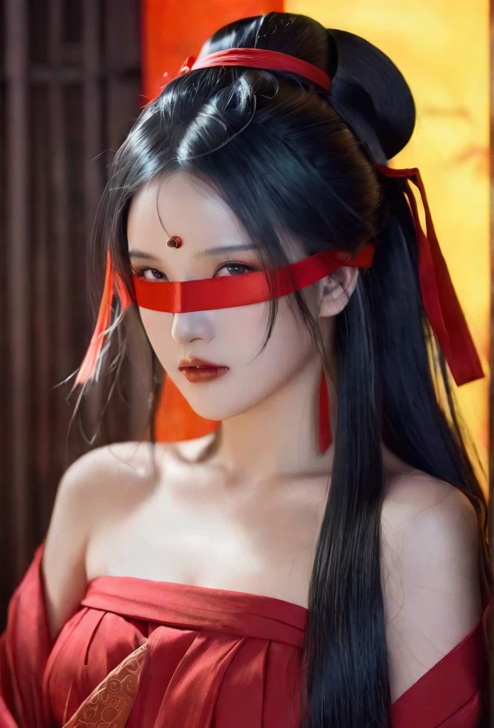 A beautiful woman dressed in red, blindfolded, with long hair draped over her shoulders and a ribbon wrapped around her forehead, is depicted in the style of anime art illustrations in ancient Chinese costumes. She is set in a fantasy world with a dark vibe similar to game concept designs. The artwork features ultra-detailed facial features and a perfect body shape illuminated by natural light. She is dressed in simple colored solids in a flat painting style with ultra-high definition and super-detail resolution.