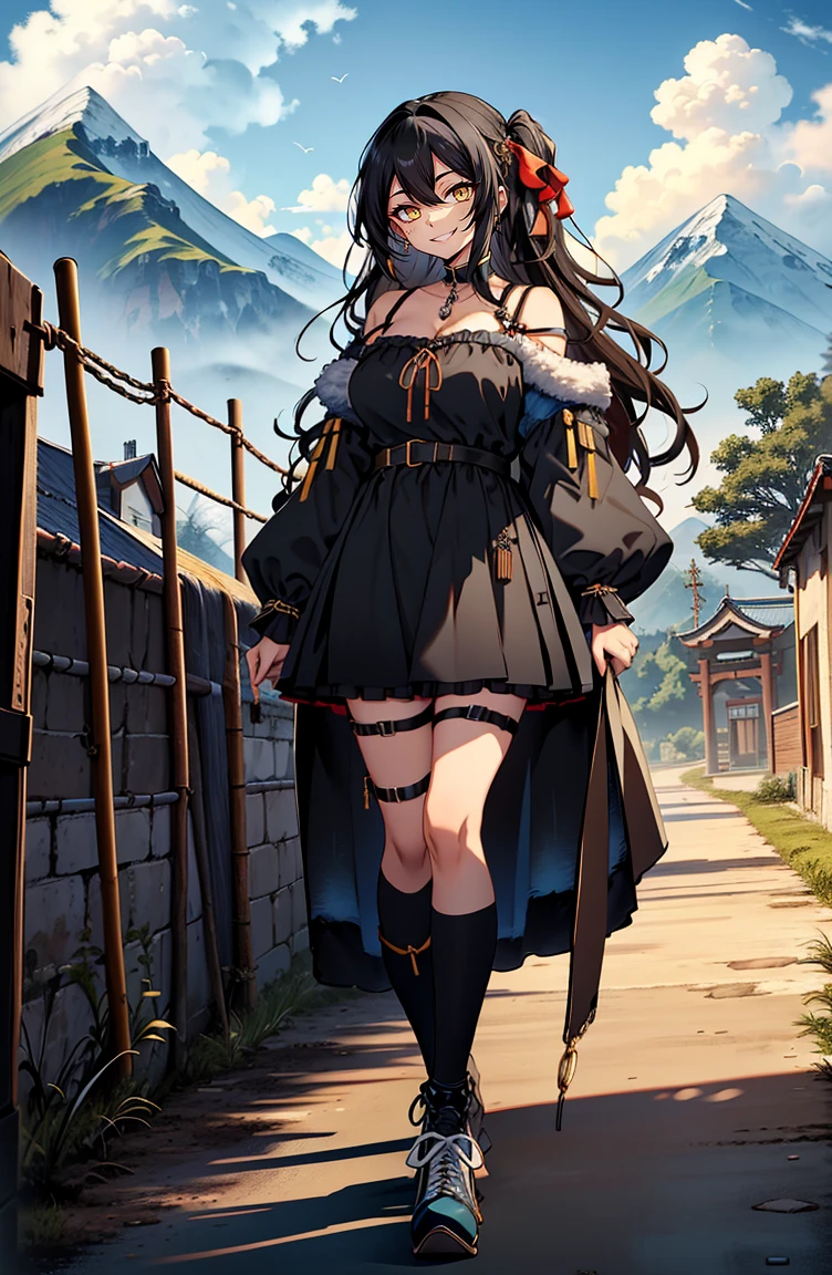 (masterpiece:1.2), (high quality:1.2), hui xiyi, rekkyo sensen, rekkyou sensen, (full body:1.45), solo focus, girls with((black hair, tits cleavage, exposed breasts, breasts close up, dress, (blue clothes:1.3), ribbon belt, off-shoulder sleeves, long sleeves, furry jacket, frills shirt, frills camisole, straps, (rosary choker, golden rosary, cross:1.05), (strap shoes, black shoes, exposed legs, exposed foots, left legwear, white legwear:1.67), (long wavy hair, one side up:1.4))), background with ((architecture, blue sky, building, bush, castle, village, no humans, cloud, cloudy sky, day, fence, field, garden, grass, hill, house, lamppost, landscape, mountain, mountainous horizon, nature, no humans, outdoors, scenery, shrine, sky, tower)), cowboy shot, anime, anime style