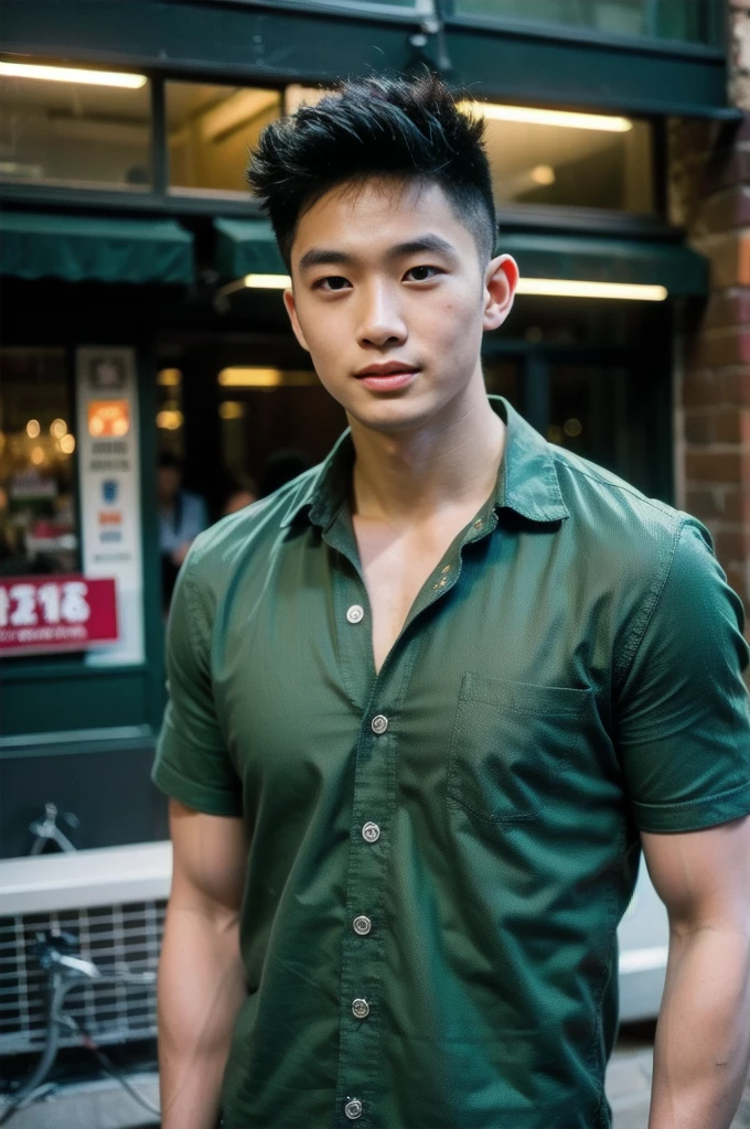 A young Asian man with large muscles looks at the camera. In a dark green button-up shirt. , Department store normal lighting