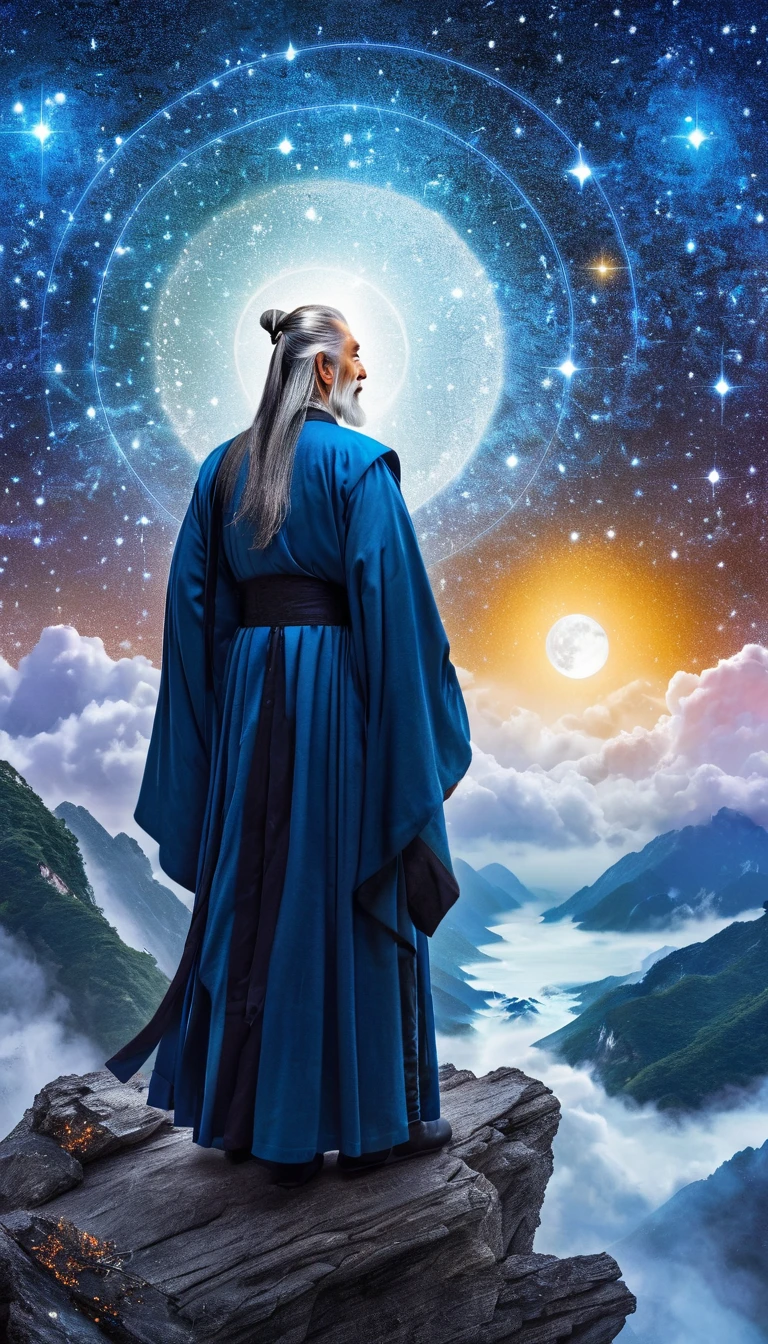 Chinese Mythology，Oriental Fortune Teller，The old immortals of the stars，Master，The old man stands on the cliff and looks up at the starry sky,White beard and long hair，Black loose Hanfu robe，Look up at the stars，Galaxy Tai Chi Bagua Diagram，artistic conception，Array，Runes，Luminescence，dream,Suspended Planet，
