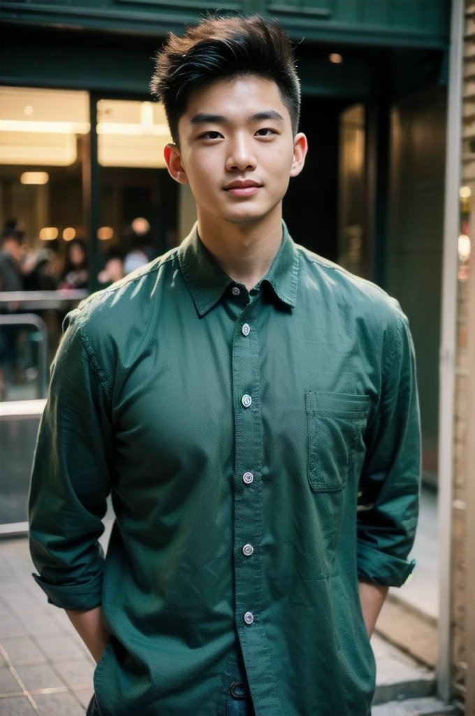 A young Asian man with large muscles looks at the camera. In a dark green button-up shirt. , Department store normal lighting