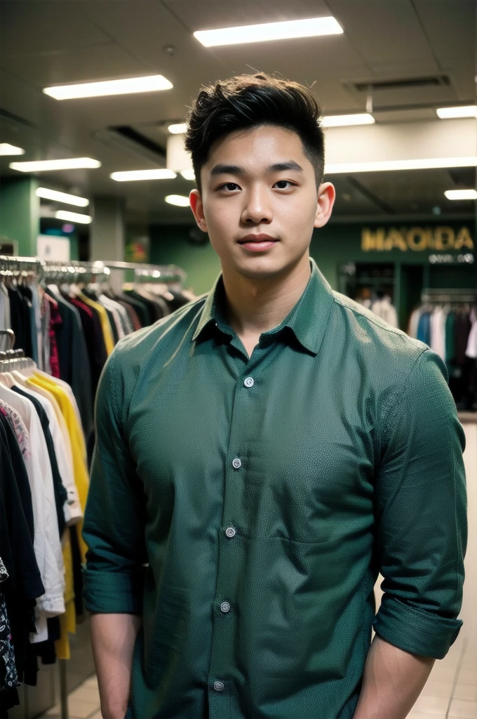 A young Asian man with large muscles looks at the camera. In a dark green button-up shirt. , Department store normal lighting