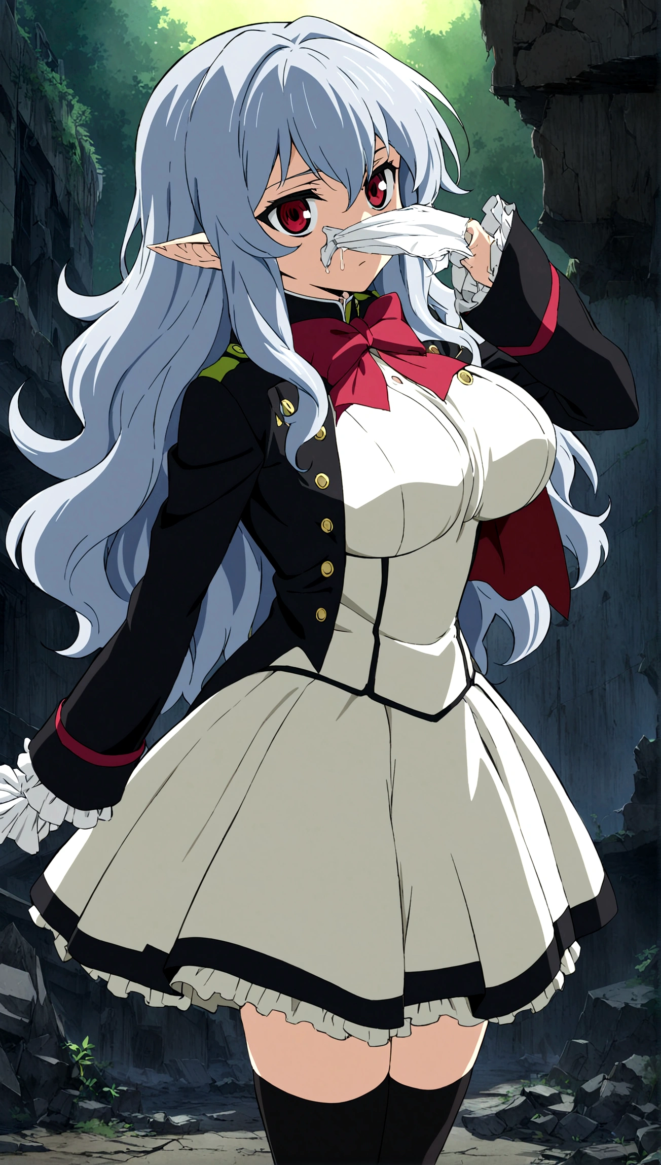 Anime. Owari no Seraph. 1 Girl. Dear . A vampire. Progenitor Clumsy. Silver hair. Wavy hair. Long hair. Red eyes. Beautiful eyes. Perfect eyes. Expressive eyes. Ideal face. Perfect body. Beautiful long ones. legs. Beautiful nose. 18 years. Big breasts. Standing. Beautiful character design. Shiny skin. Cold. Runny nose. Nasal mucus. Snot. Wants to sneeze. She needs to sneeze. Strong, desperate desire to sneeze. She sneezes. She sneezes, covering her nose with her hands. Handkerchief. Blows his nose. Snot flows from the nose. Pointy ears. White dress. Vampire uniform dress from
Owari no Seraph. Black stockings. Heeled shoes. Rapier in right hand. Left hand with a handkerchief near the face. Ruins of Tokyo. Whole body. NSF. Official art. Extremely detailed CG Unity 8k wallpaper. Ideal lighting. Ultra high resolution 4K. Super detailed 8K. A high resolution.