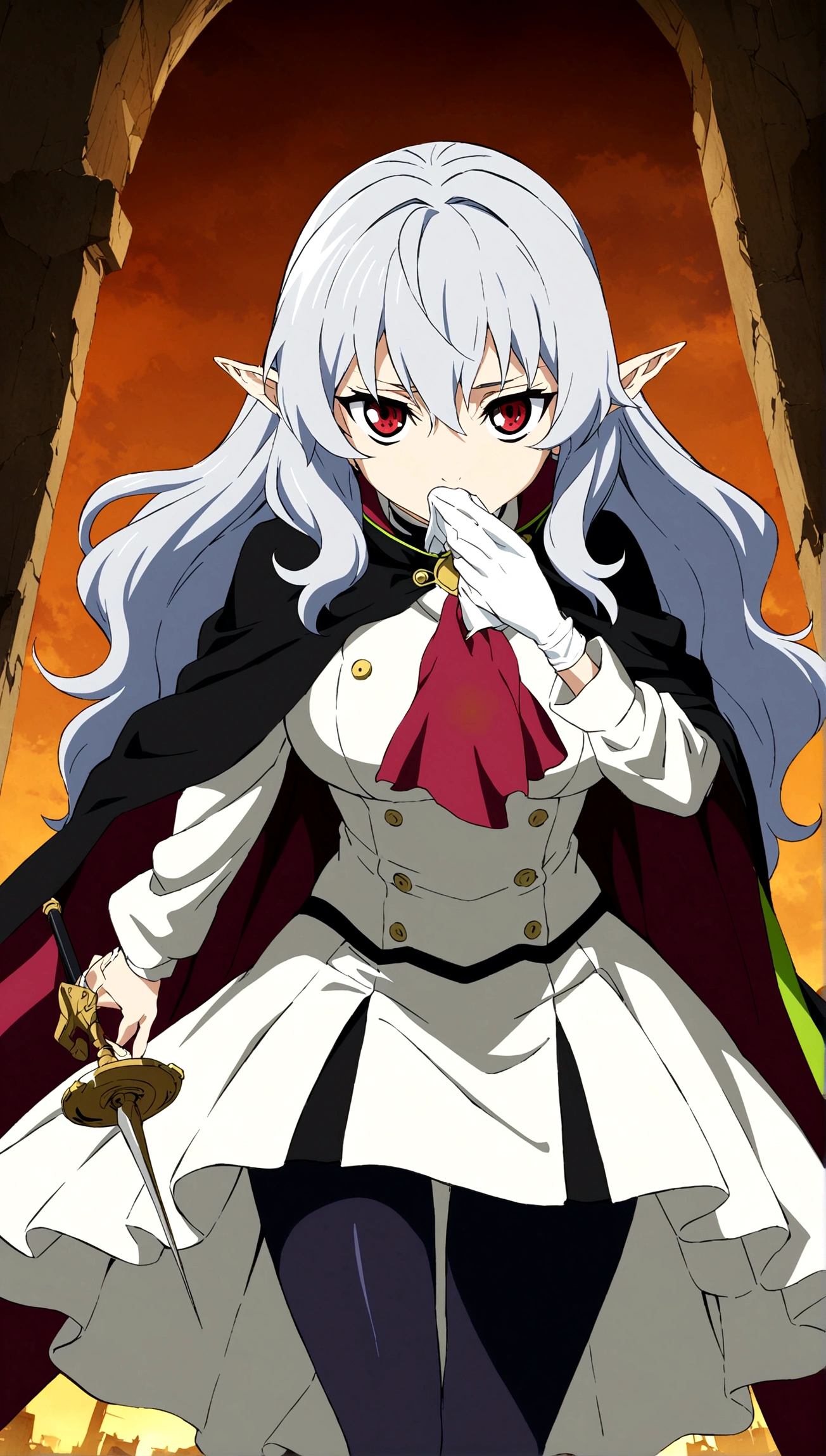 Anime. Owari no Seraph. 1 Girl. Dear . A vampire. Progenitor Clumsy. Silver hair. Wavy hair. Long hair. Red eyes. Beautiful eyes. Perfect eyes. Expressive eyes. Ideal face. Perfect body. Beautiful long ones. legs. Beautiful nose. 18 years. Big breasts. Standing. Beautiful character design. Shiny skin. Cold. Runny nose. Nasal mucus. Snot. Wants to sneeze. She needs to sneeze. Strong, desperate desire to sneeze. She sneezes. She sneezes, covering her nose with her hands. Handkerchief. Blows his nose. Snot flows from the nose. Pointy ears. White dress. Vampire uniform dress from
Owari no Seraph. Black stockings. Heeled shoes. Rapier in right hand. Left hand with a handkerchief near the face. Ruins of Tokyo. Whole body. NSF. Official art. Extremely detailed CG Unity 8k wallpaper. Ideal lighting. Ultra high resolution 4K. Super detailed 8K. A high resolution.