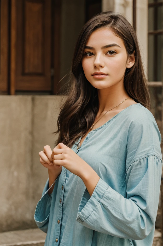The young woman making a gentle hand gesture, as if declining an offer
