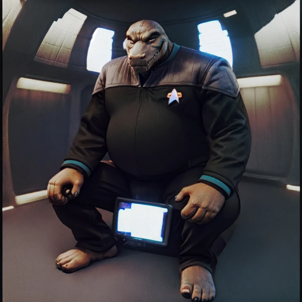 (((Barefoot scaley character, full body, cinematic setting, furry male, plantigrade))) 
Doctor (((kingkrool))), crocodile, green skin, reptile, gold bracelets, scales, bloodshot eye, fat, obese,
exudes confidence and authority, wears star trek DS9 doctor teal uniform, ((ds9st, black and grey star trek uniform, grey shoulders, teal neck, black jumpsuit, black pants)) dynamic pose, holding medical tricorder,
((starship interior with many screens and consoles)), futuristic look, metalic, bright colors
BREAK, intricate details, highly detailed, extreme detail, octane render, fine art, best quality, highres, (detailed face:1.5), ((full_body)), UHD, (((perfect hands))), ((low light:1.5))