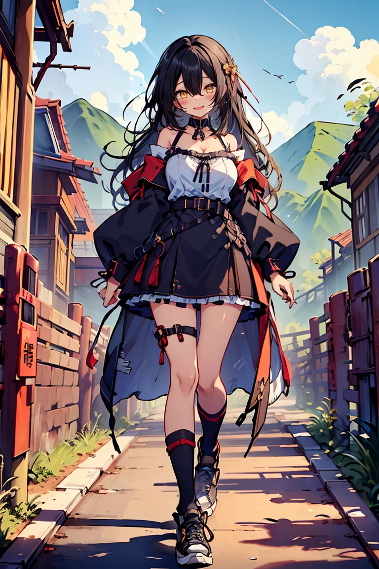 (masterpiece:1.2), (high quality:1.2), hui xiyi, rekkyo sensen, rekkyou sensen, (full body:1.45), solo focus, girls with((black hair, tits cleavage, exposed breasts, breasts close up, dress, (blue clothes:1.3), ribbon belt, off-shoulder sleeves, long sleeves, furry jacket, frills shirt, frills camisole, straps, (rosary choker, golden rosary, cross:1.05), (strap shoes, black shoes, exposed legs, exposed foots, left legwear, white legwear:1.67), (long wavy hair, one side up:1.4))), background with ((architecture, blue sky, building, bush, castle, village, no humans, cloud, cloudy sky, day, fence, field, garden, grass, hill, house, lamppost, landscape, mountain, mountainous horizon, nature, no humans, outdoors, scenery, shrine, sky, tower))