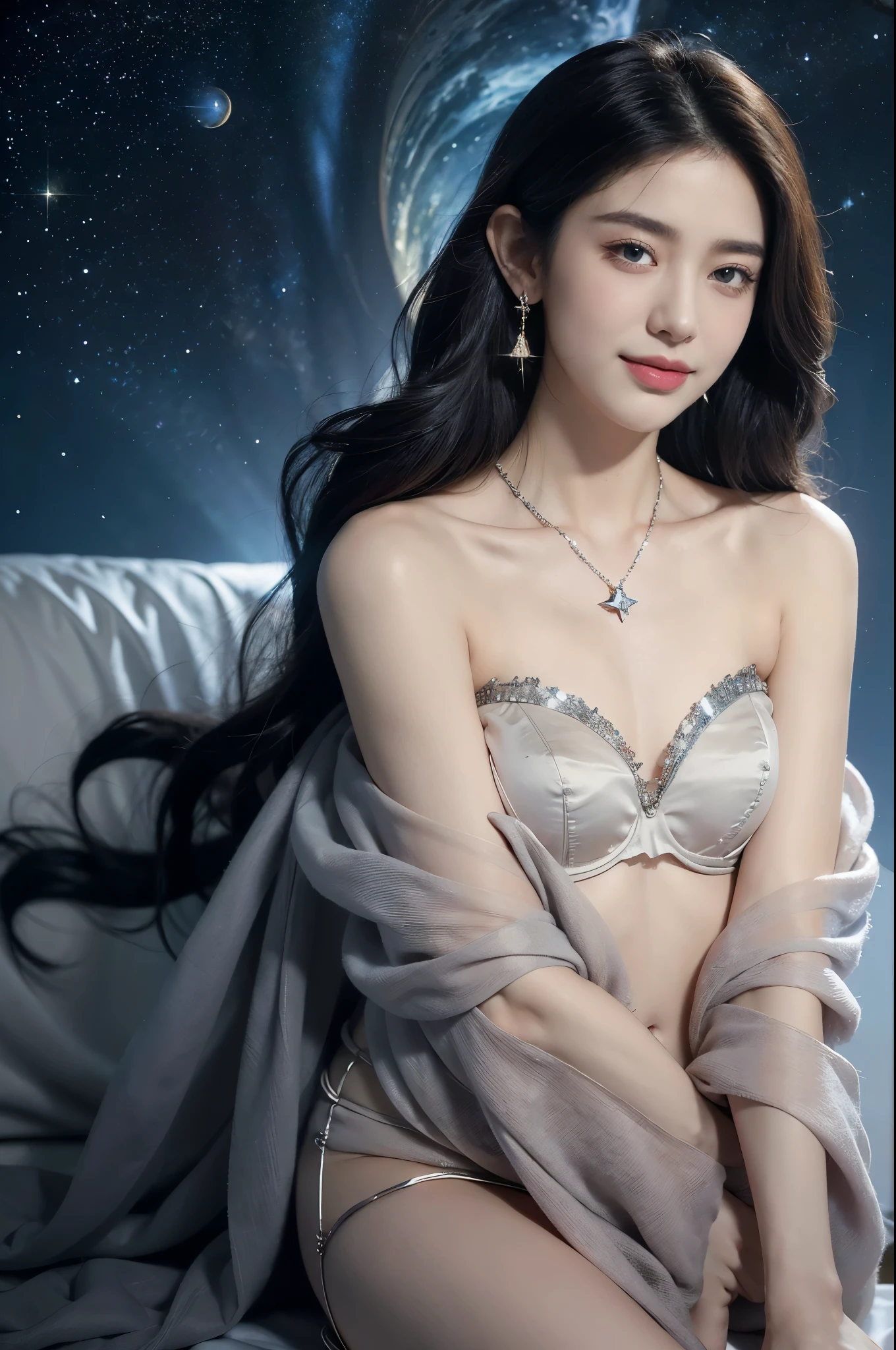 (((best quality))),(((ultra detailed))),(((masterpiece))),illustration,((A beautiful female astrologer,solo)),((slim,thin)),((small breasts,flat chest)),((shoulder length straight hair)),(laughing:1.2),(earrings,necklace),(strapless sparkled sheer bra:1.3),standing beneath a magical summer night, stars twinkling in the velvety darkness,starry sky, sapphire eyes filled with wonder, flowing ethereal gown mimicking the stars, silver pendant shaped like a horoscope,serene smile and captivating gaze, celestial beauty and mystery, solace and inspiration in the vast expanse of the universe,((from front,close-up of face))