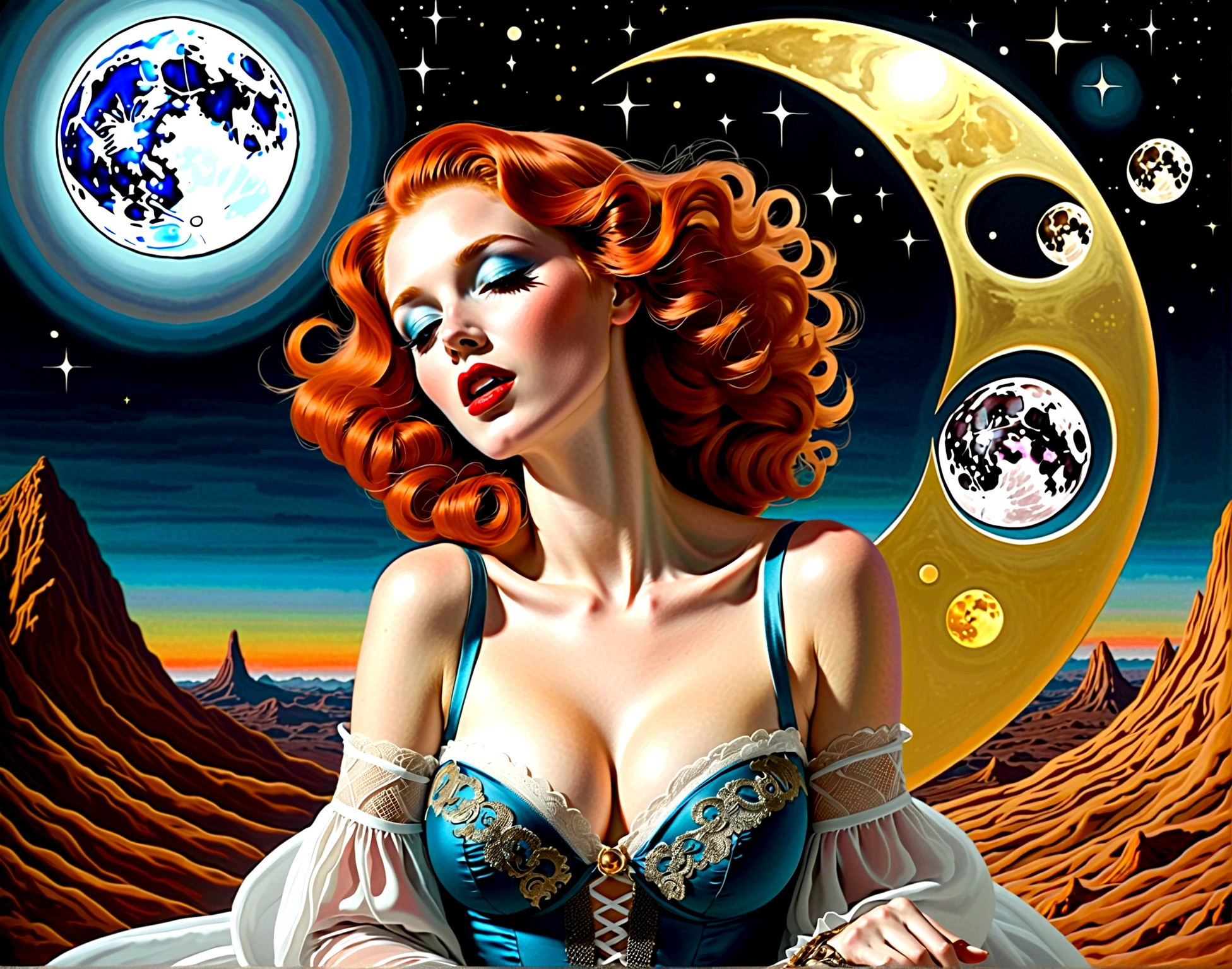 A redheaded woman sings, dressed only in veils, dancing on the moon as she dreams, painting of the moon's craters, many inappropriate objects, lots of intimate underwear, fishnet stockings, lace bolero, books, make-up accessories, surrealist painting, magic realism, bizarre art, subtitle at the bottom of the picture "Où est mon ami Pierrot?" in beautiful blue and gold letters.