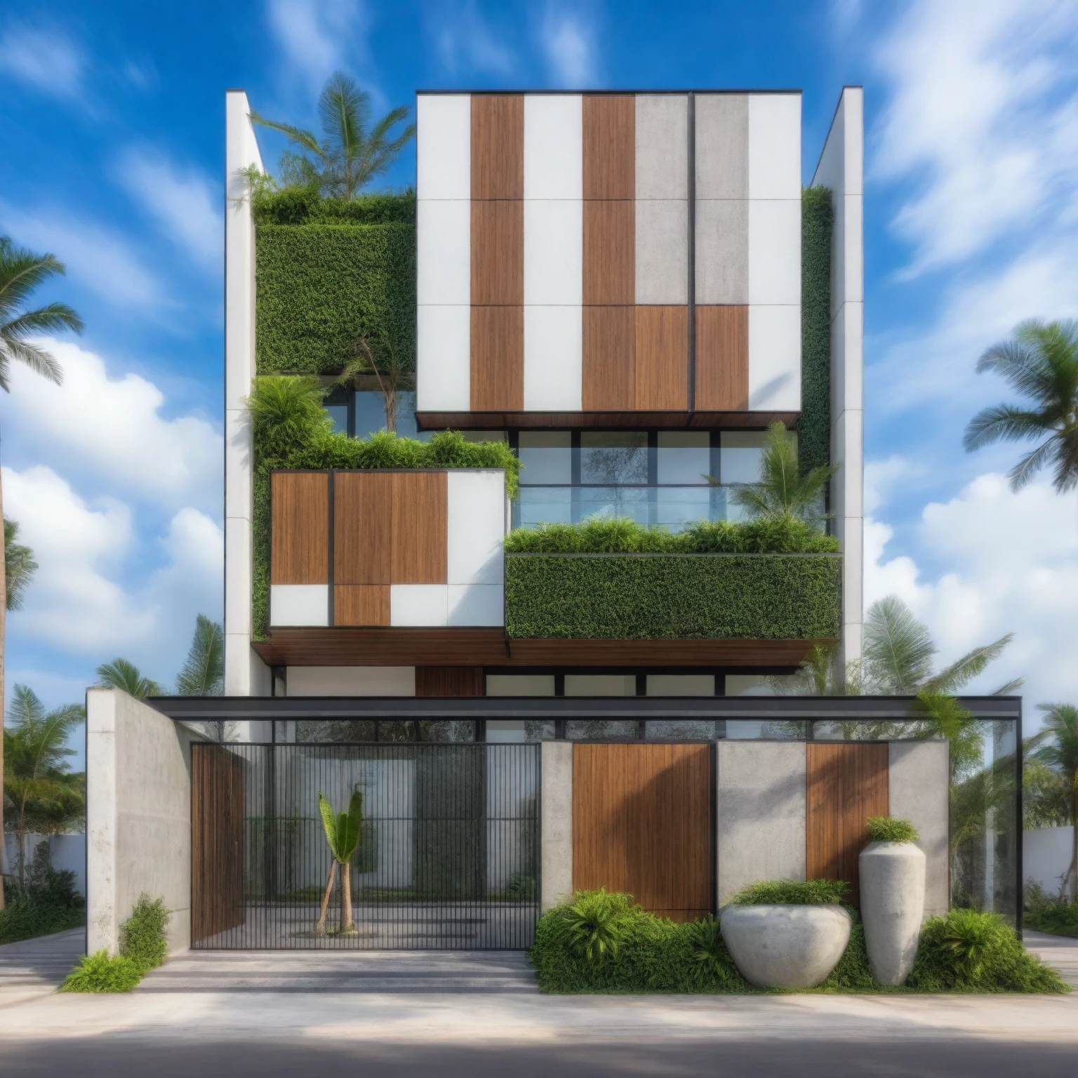 exterior house, contemporary style, white wall, wood wall, steel door, glass window, (realistic:1.2), Masterpiece, high quality, best quality, authentic, super detail, outdoors,road, trees, sky, cloud, (daylight:1.1), modern luxury villa, coconut trees, landscape, along the white beach, clear sky, day time, warm lighting RAW Photo, RAW texture, Super Realistic, 32K UHD, DSLR, soft lighting, high quality, film rating, Fujifilm XT3,Modern, Residential Architecture, car in front of house