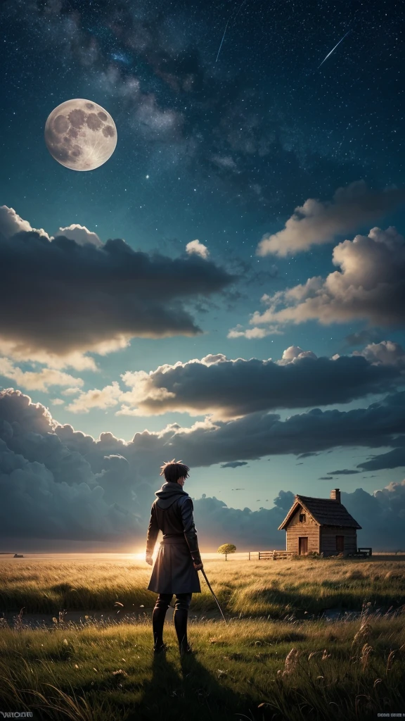 Anime character stands in the middle of a grass field,realistic,a wallpaper, a view of the night sky, with a large full moon, on a grass plain, near a cottage with an apple tree next to it,