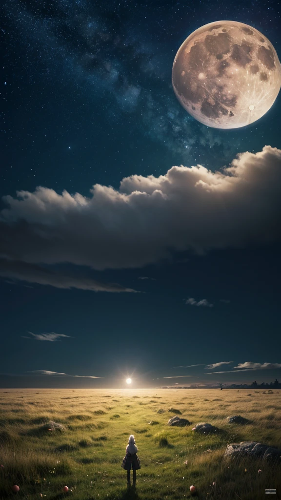 Anime character stands in the middle of a grass field,realistic,a wallpaper, a view of the night sky, with a large full moon, on a grass plain, near a cottage with an apple tree next to it,