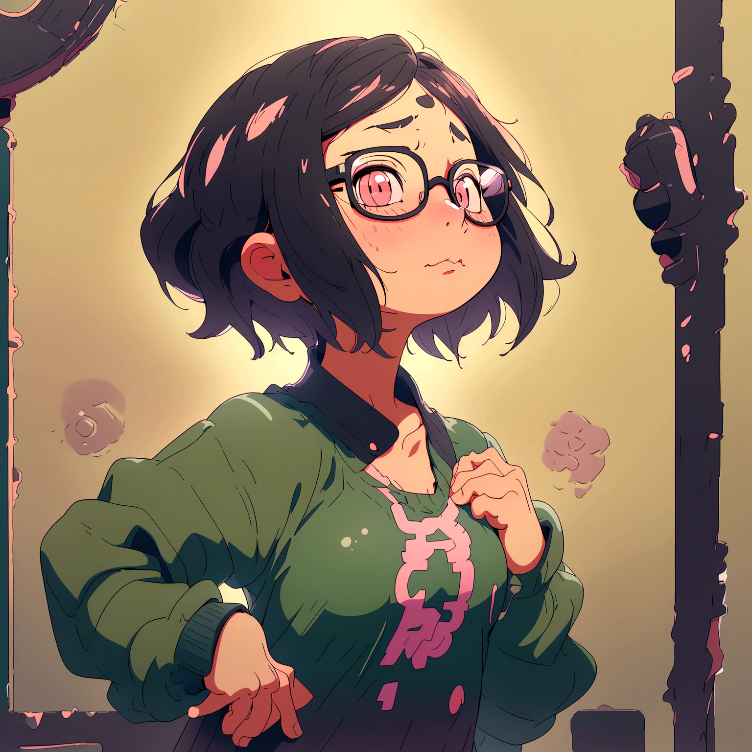 A bob-cut elementary school girl wearing glasses without underwear, no wearing, rubbing her breasts with both hands, large breasts, looking up, black hair, winking, inside school, pastel colors, sad