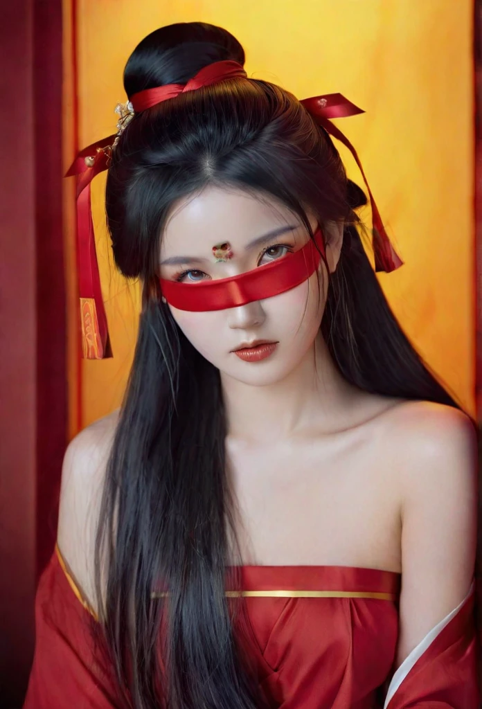 A beautiful woman dressed in red, blindfolded, with long hair draped over her shoulders and a ribbon wrapped around her forehead, is depicted in the style of anime art illustrations in ancient Chinese costumes. She is set in a fantasy world with a dark vibe similar to game concept designs. The artwork features ultra-detailed facial features and a perfect body shape illuminated by natural light. She is dressed in simple colored solids in a flat painting style with ultra-high definition and super-detail resolution.
