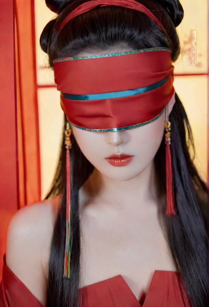 A beautiful woman dressed in red, blindfolded, with long hair draped over her shoulders and a ribbon wrapped around her forehead, is depicted in the style of anime art illustrations in ancient Chinese costumes. She is set in a fantasy world with a dark vibe similar to game concept designs. The artwork features ultra-detailed facial features and a perfect body shape illuminated by natural light. She is dressed in simple colored solids in a flat painting style with ultra-high definition and super-detail resolution.