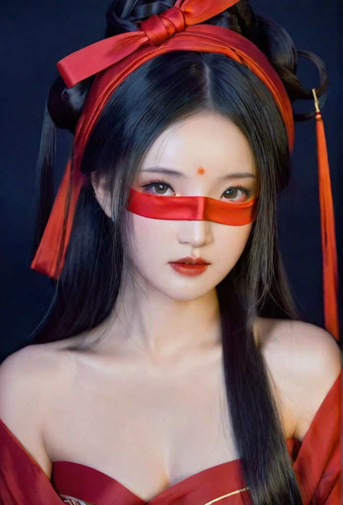 A beautiful woman dressed in red, blindfolded, with long hair draped over her shoulders and a ribbon wrapped around her forehead, is depicted in the style of anime art illustrations in ancient Chinese costumes. She is set in a fantasy world with a dark vibe similar to game concept designs. The artwork features ultra-detailed facial features and a perfect body shape illuminated by natural light. She is dressed in simple colored solids in a flat painting style with ultra-high definition and super-detail resolution.