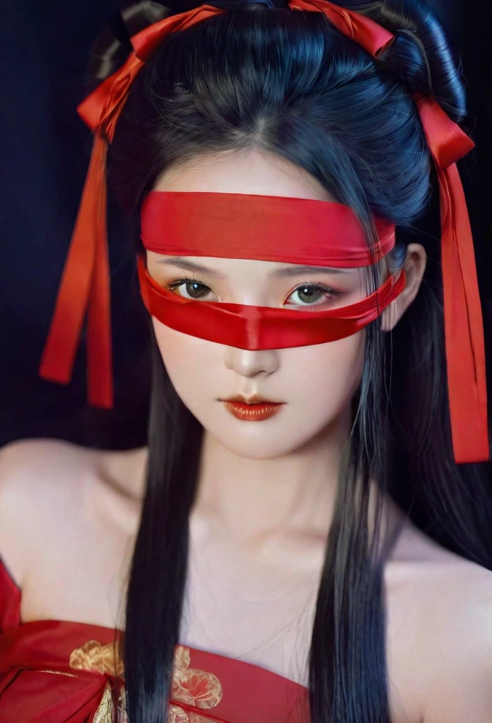 A beautiful woman dressed in red, blindfolded, with long hair draped over her shoulders and a ribbon wrapped around her forehead, is depicted in the style of anime art illustrations in ancient Chinese costumes. She is set in a fantasy world with a dark vibe similar to game concept designs. The artwork features ultra-detailed facial features and a perfect body shape illuminated by natural light. She is dressed in simple colored solids in a flat painting style with ultra-high definition and super-detail resolution.