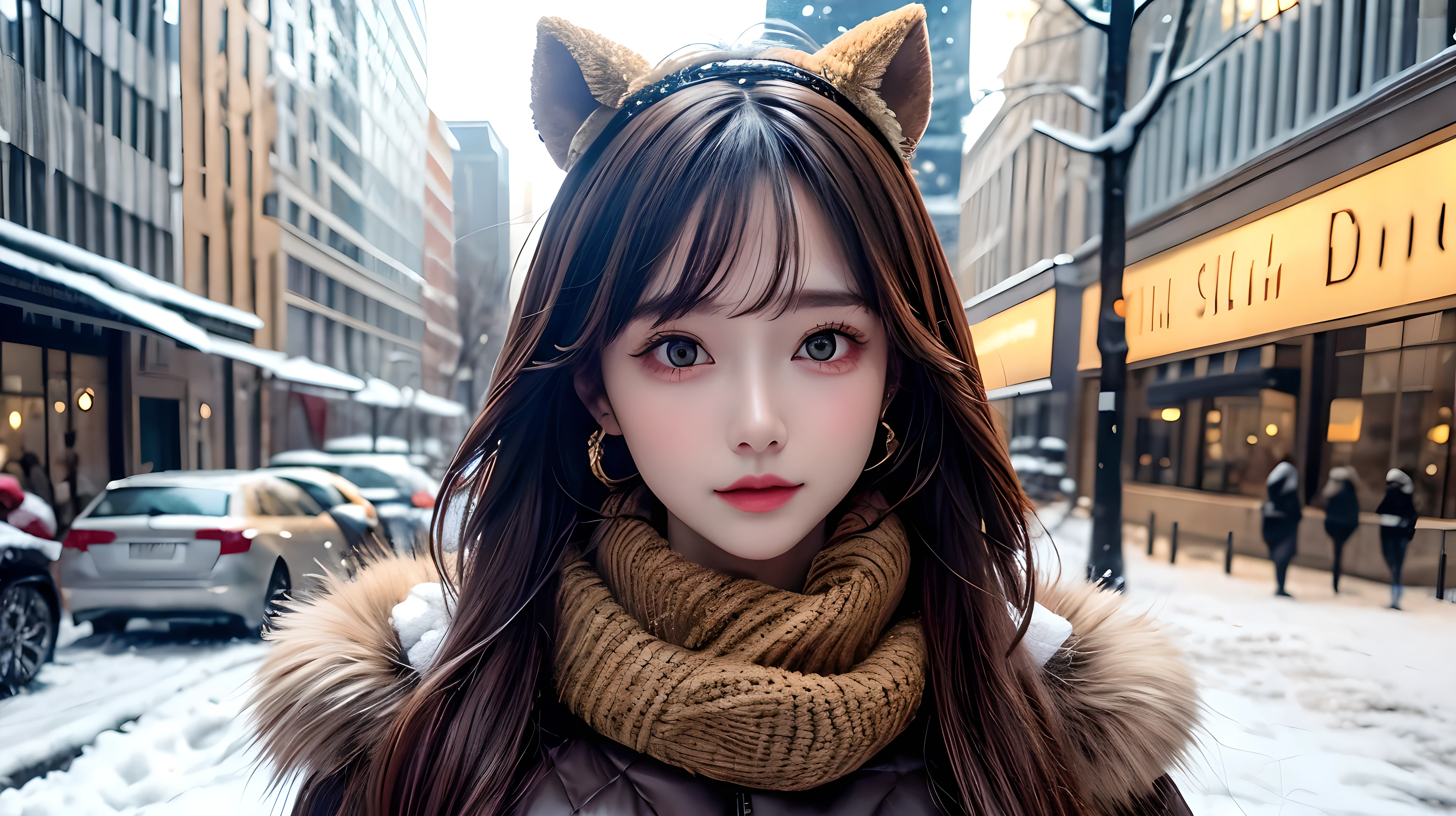 1 girl, bare_tree, brown_eyes, brown_hair, building, coat, cross_earrings, earrings, fur, fur trimmed_coat, fur_collar, fur_scarf, fur_trim, jewelry, lips, shorthair, looking_at_viewer, outdoors, snow, snow, solo, tree, upper_body, Winter, winter_clothes, detailed_eyes,Big breasts, arms close together, Chest facing camera, Big, Ears out, Golden ratio face, Golden ratio body, Best quality, Ultra high definition, Bangs