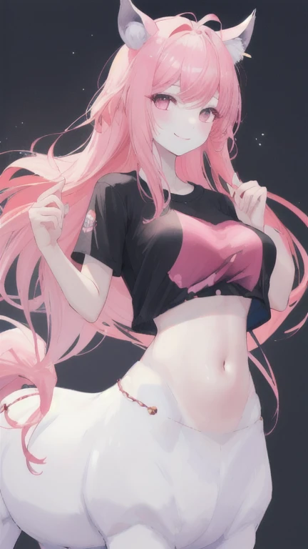 (best quality, masterpiece), 1 girl, centaur, It takes, White skin, Korean , black pink,Smiling, exposing the abdomen, belly button t-shirt , 아름다운 소녀 perfect wolf photo, perfect wolf photo