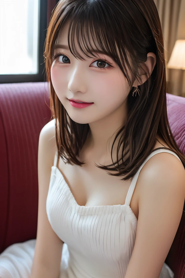 Highest quality, (beautiful)、Cabaret Club、dress、Sit on the sofa、Close-up from below、Soft 、