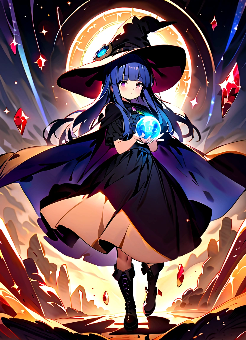 (masterpiece, Highest quality:1.1), (astrologer), 1 Girl, alone, Blue Hair, Purple eyes, Long Hair, blunt bangs, bangs, witch hat, gloves, dress, Black Costume、(Long skirt)、Frills, boots, Cape, witch, (furude rika), (Crystal Ball), magic circle, Shining Star, meteor, universe, magical energy, Vision of the future, Prophecy,