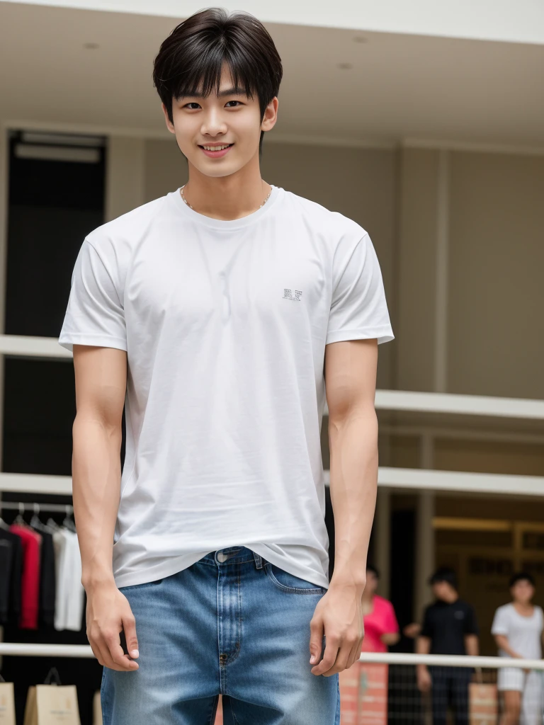 独奏: 1.5, (As a matter of fact, Masterpiece, 8k HD, good light quality, sportswear, fit the face, complicated details), A handsome Korean young man with muscular arms. , 20 years old, be happy, smile brightly, detailed face, delicate eyes, look at the sky, Wear a navy tight T-shirt.:1.6 ,Wear a denim coat., jeans period, black eyes, Black hair color, ผมsmooth, smooth，Surreal，Superb details，Highest quality，real，Open your mouth to talk. , Close your eyes., (Standing in a Thai restaurant, Burmese temple:1.1)