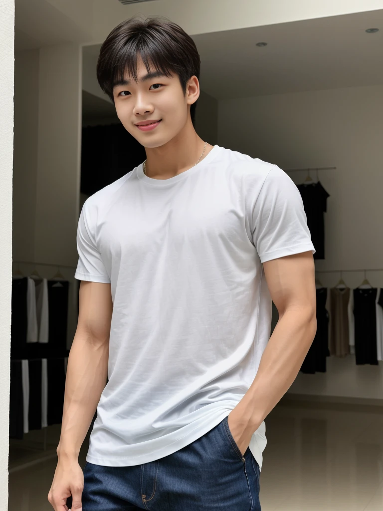 独奏: 1.5, (As a matter of fact, Masterpiece, 8k HD, good light quality, sportswear, fit the face, complicated details), A handsome Korean young man with muscular arms. , 20 years old, be happy, smile brightly, detailed face, delicate eyes, look at the sky, Wear a tight white t-shirt.:1.6, jeans period, black eyes, Black hair color, ผมsmooth, smooth，Surreal，Awesome details，Highest quality，real，Open your mouth to talk. , Close your eyes., (standing in department store:1.5)