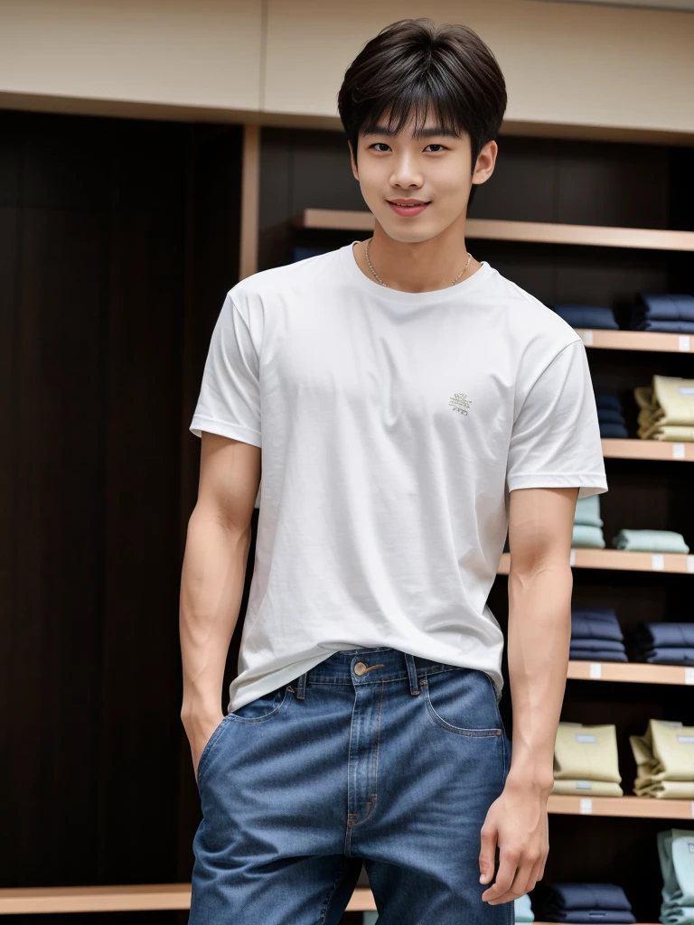 独奏: 1.5, (As a matter of fact, Masterpiece, 8k HD, good light quality, sportswear, fit the face, complicated details), A handsome Korean young man with muscular arms. , 20 years old, be happy, smile brightly, detailed face, delicate eyes, look at the sky, Wear a tight white t-shirt.:1.6, jeans period, black eyes, Black hair color, ผมsmooth, smooth,Surreal,Awesome details,Highest quality,real,Open your mouth to talk. , Close your eyes., (standing in department store:1.5)
