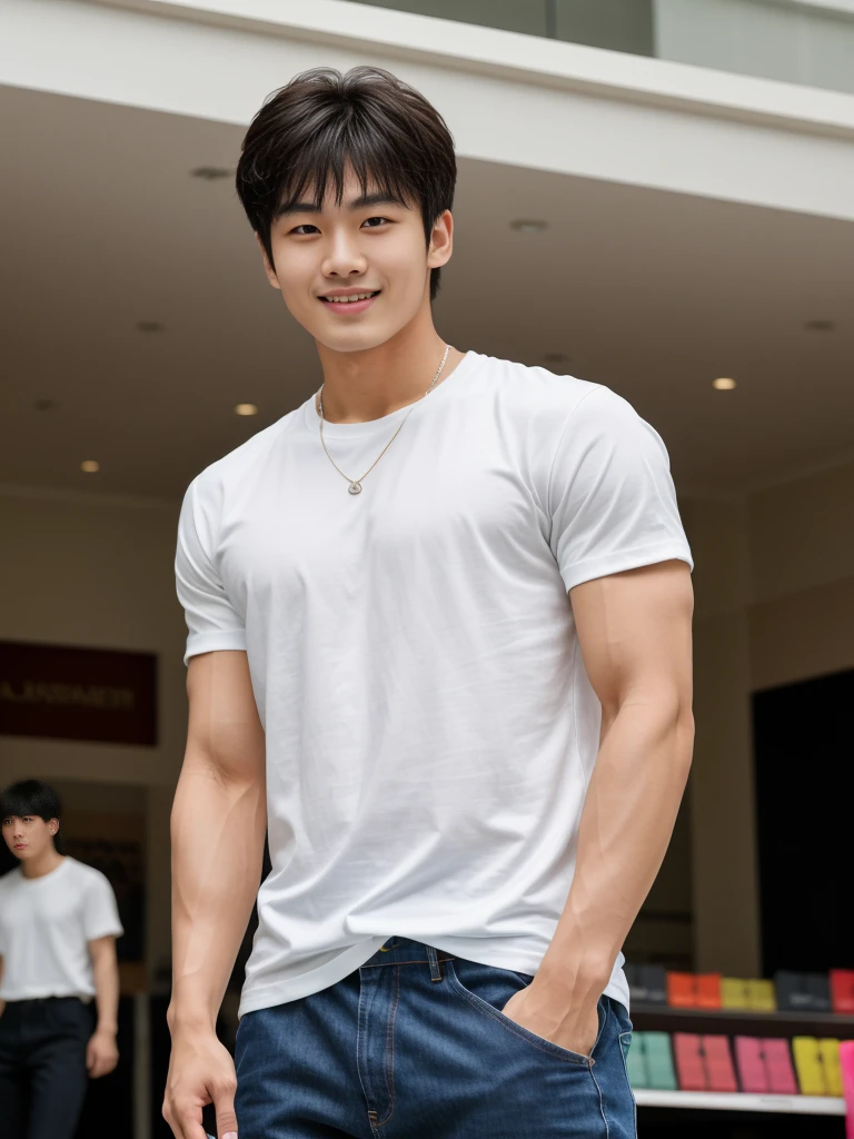 独奏: 1.5, (As a matter of fact, Masterpiece, 8k HD, good light quality, sportswear, fit the face, complicated details), A handsome Korean young man with muscular arms. , 20 years old, be happy, smile brightly, detailed face, delicate eyes, look at the sky, Wear a tight white t-shirt.:1.6, jeans period, black eyes, Black hair color, ผมsmooth, smooth，Surreal，Awesome details，Highest quality，real，Open your mouth to talk. , Close your eyes., (standing in department store:1.5)